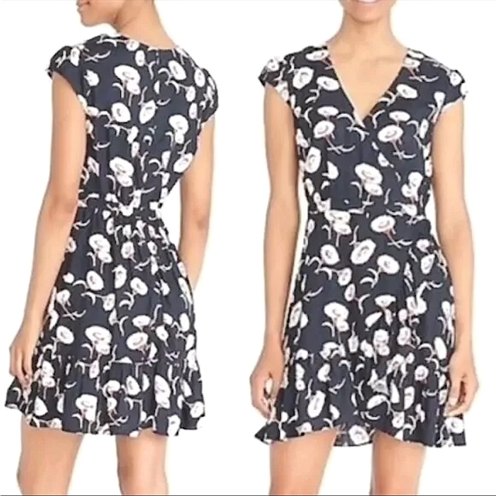 J Crew Mercantile Blue Floral Print Ruffle Hem Faux Wrap Short Mini Dress Sz 0
